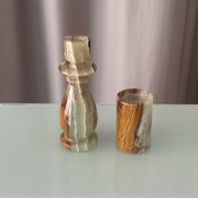 Vintage Hand-Carved Green Onyx Candlestick & Tea Light Holder Set