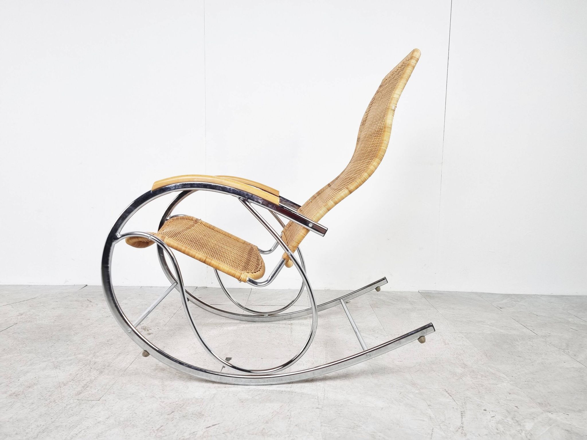 Vintage chrome and wicker rocking chair, 1970s