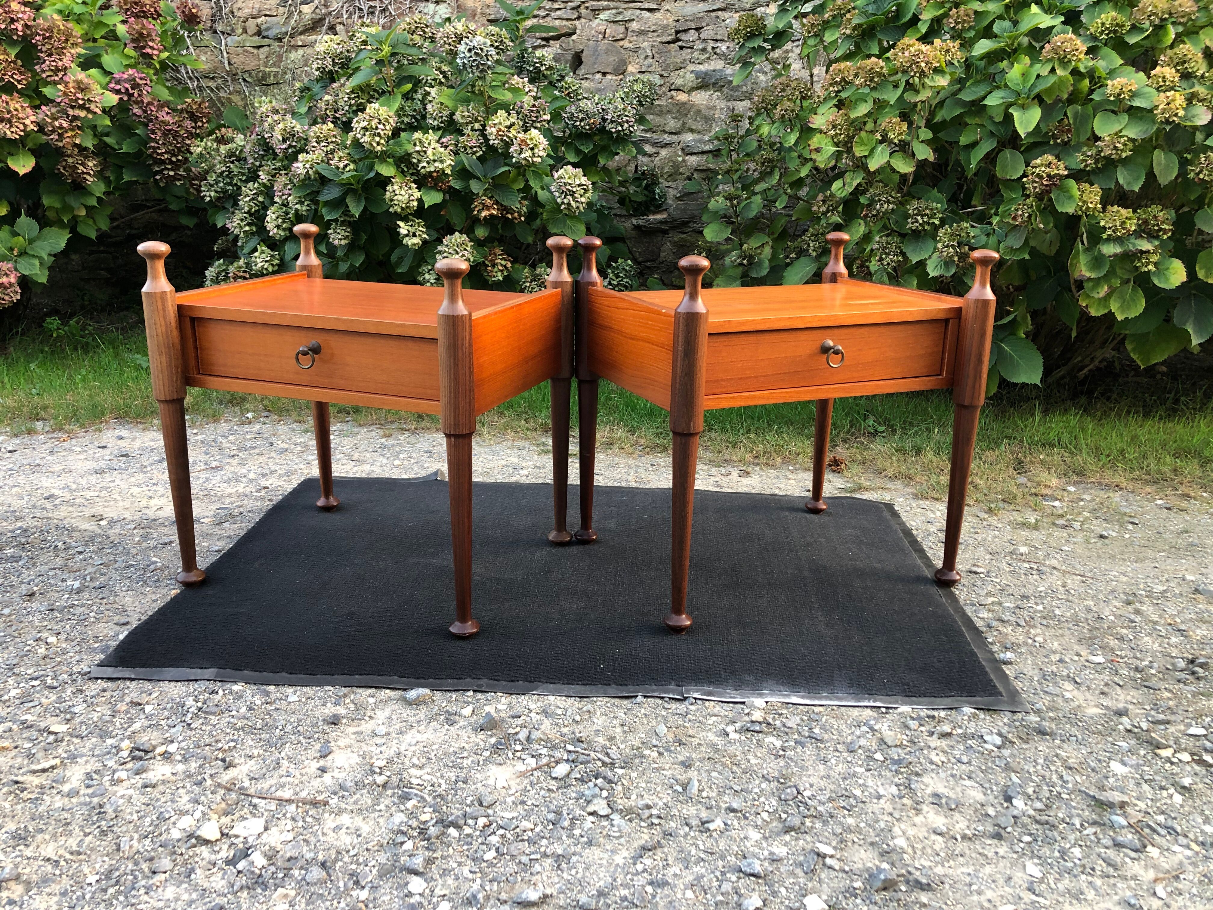 Duo of vintage Scandinavian teak bedside tables with 1 drawer.