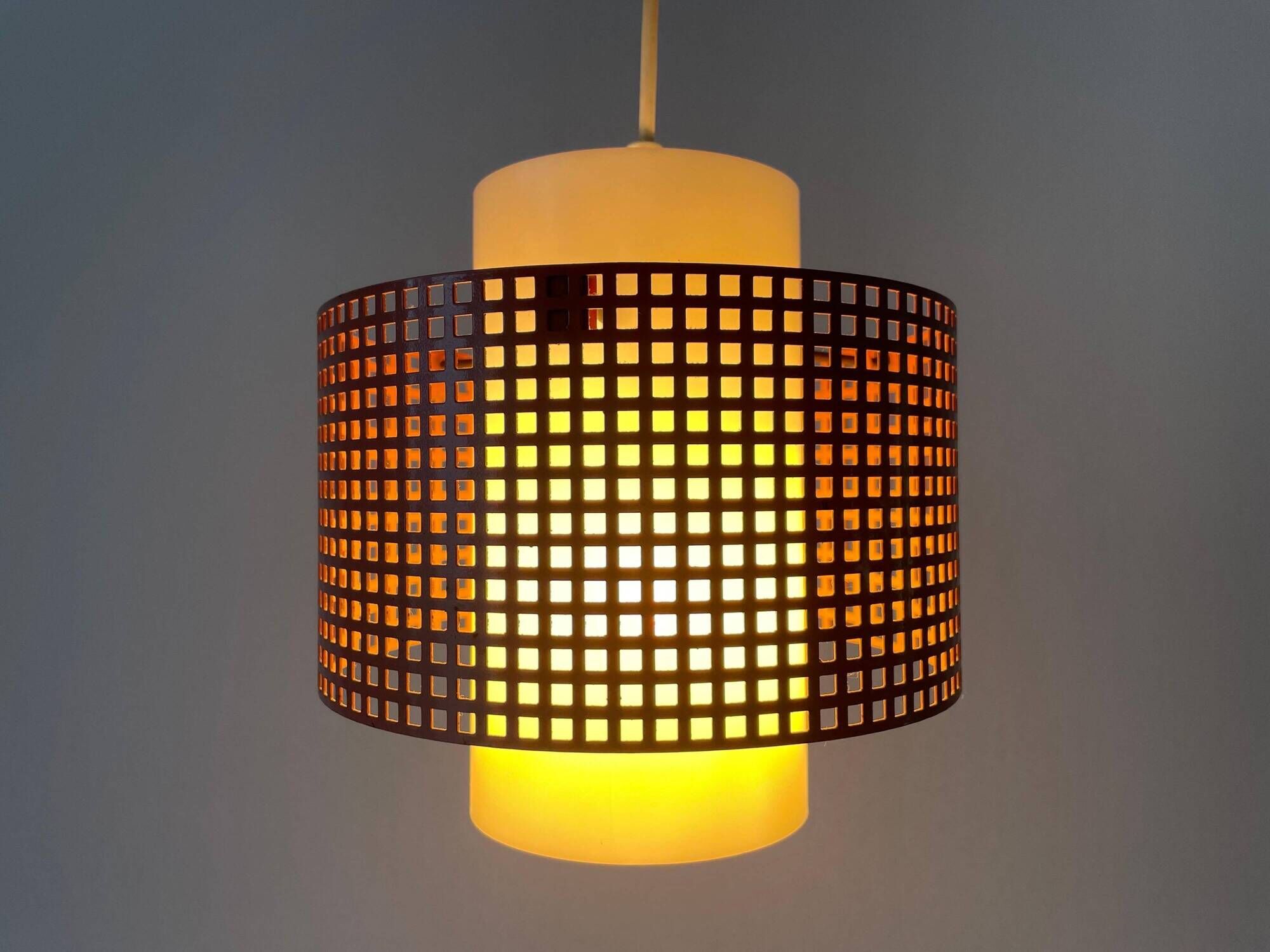 Suspended lamp in pink metal and plexiglass, Danish design, 1960s, Denmark.