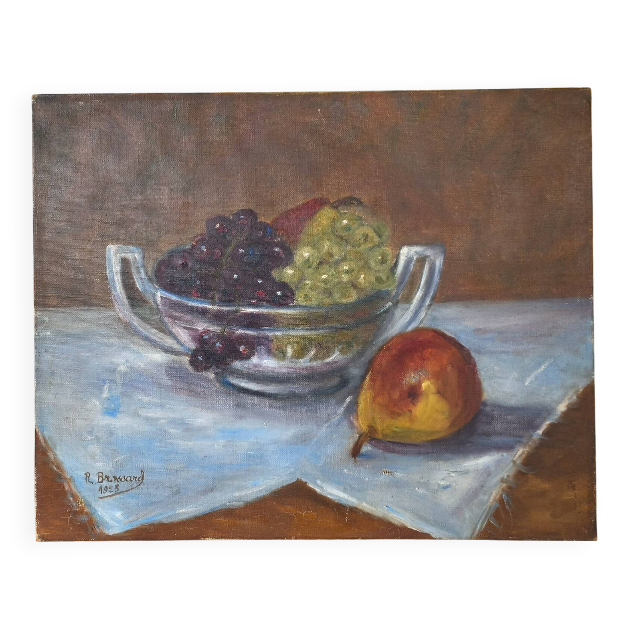 Tableau nature morte huile coupe raisins