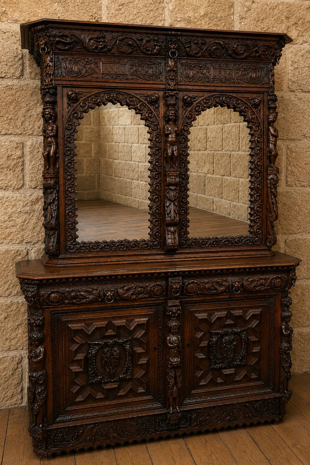 Grand buffet deux-corps style renaissance richement sculpté – « anno 1634 »