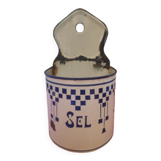 Boîte à sel en tôle émaillée Art Déco décor Lustucru