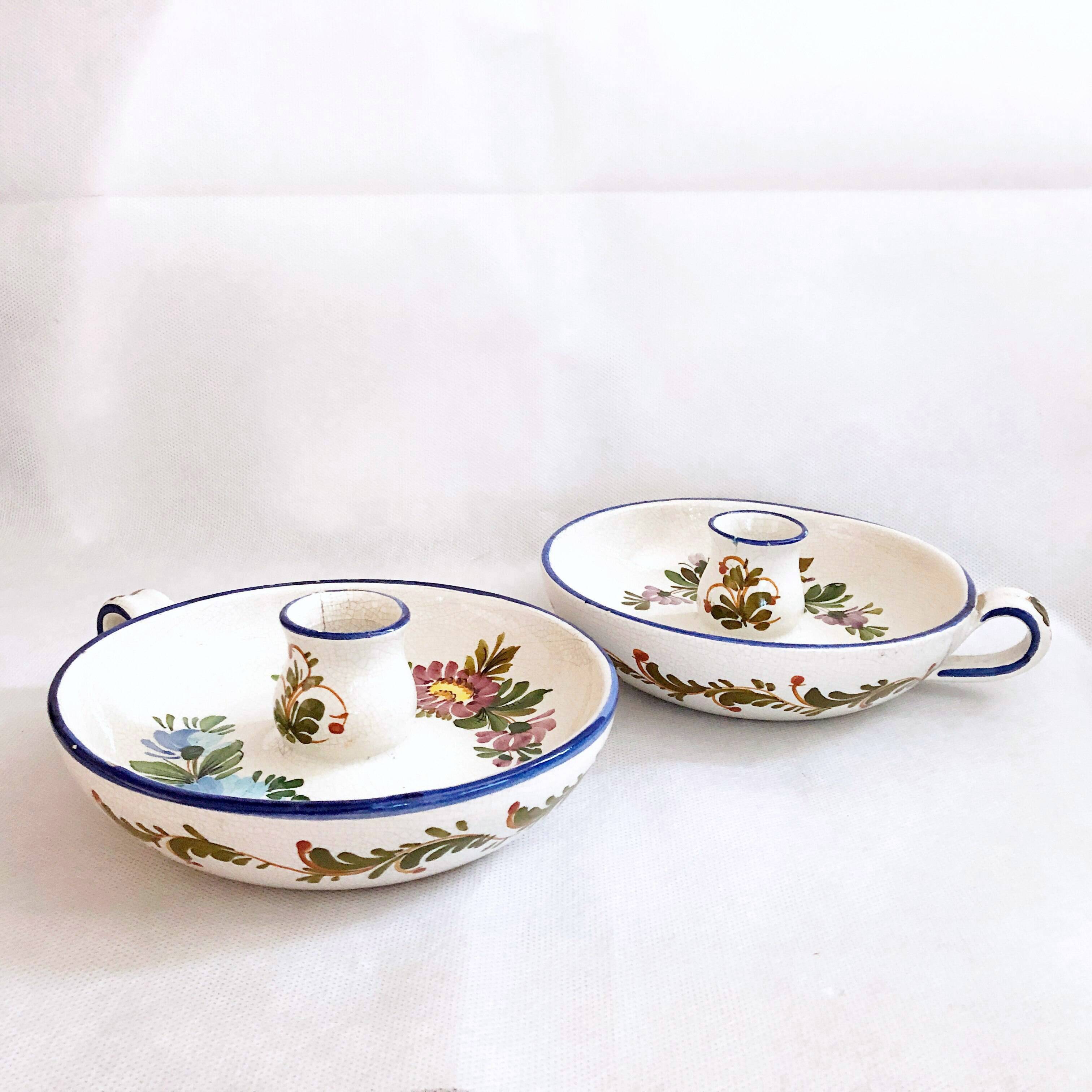 Pair of handmade cracked earthenware hand candlesticks signed Bassano Italy