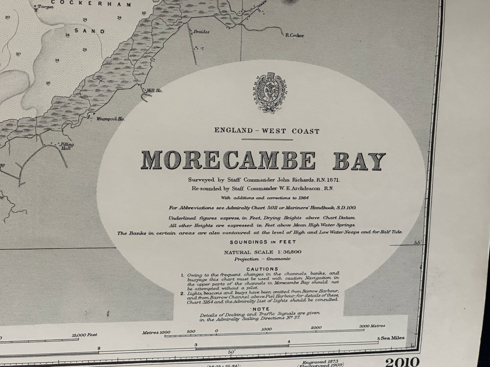 Carte nautique de la côte ouest de l'Angleterre, baie de Morecambe