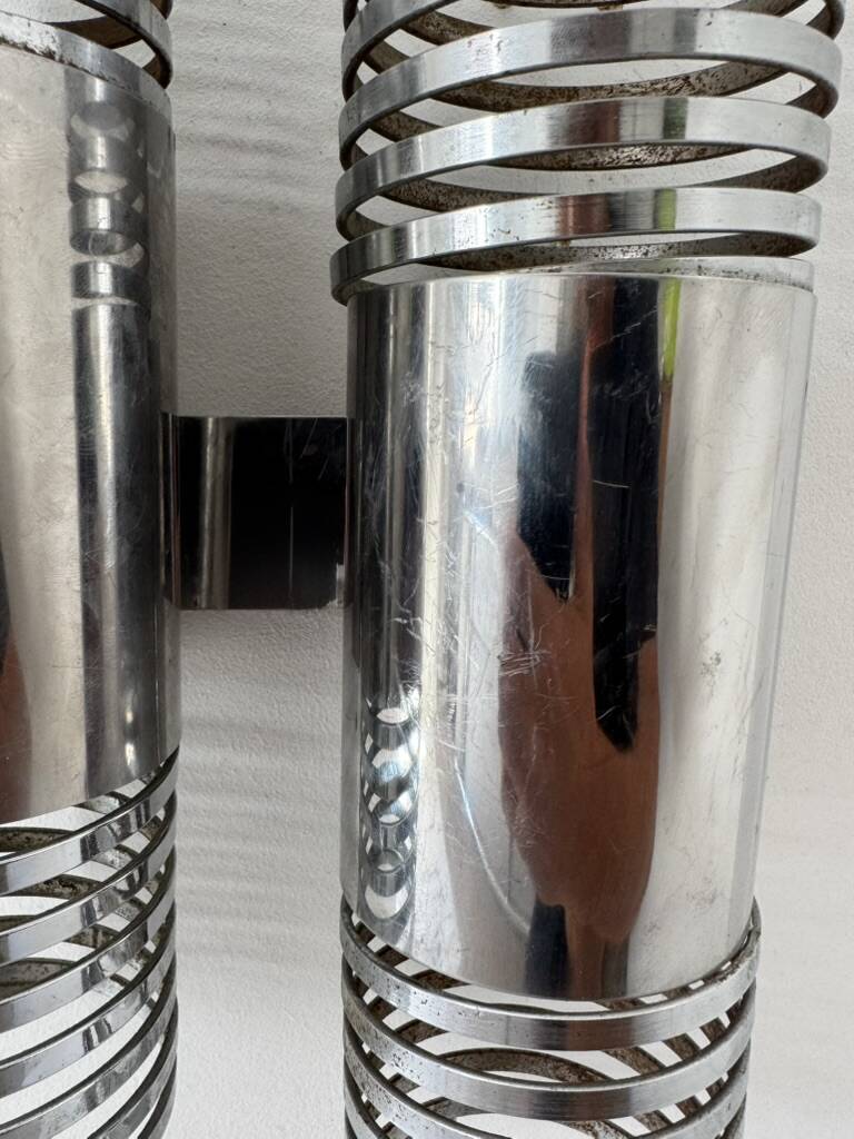 Pair of vintage double wall lights in chrome metal, France, 1970.