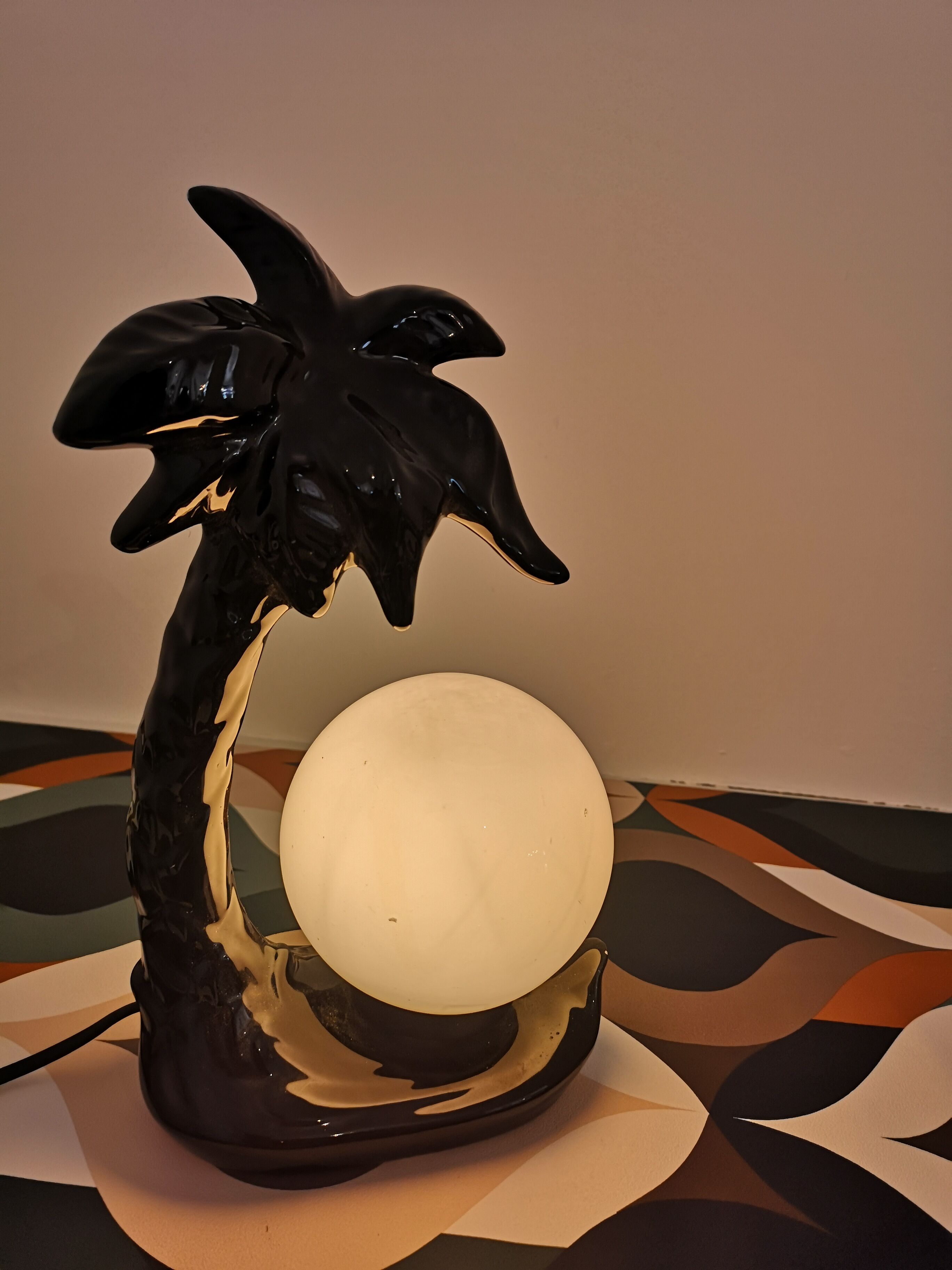 Lamp black palm in ceramic and opaline year 70