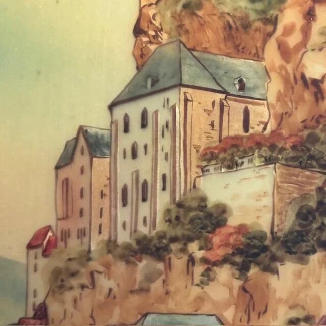 Painting on / under glass depicting Rocamadour