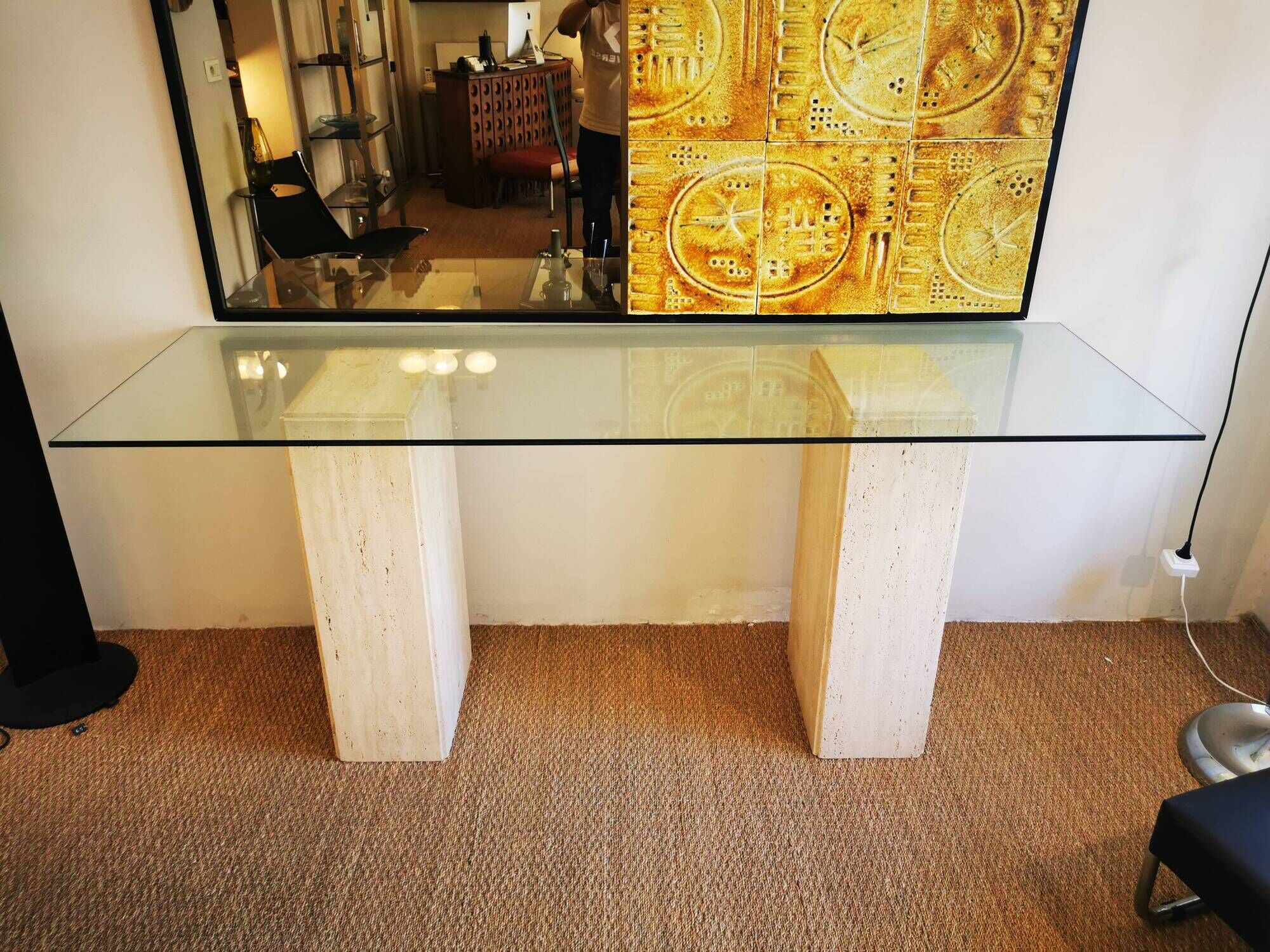 XXL vintage Italian console in travertine and glass from the 80s