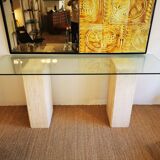 Console  XXL vintage italienne en travertin et verre années 80
