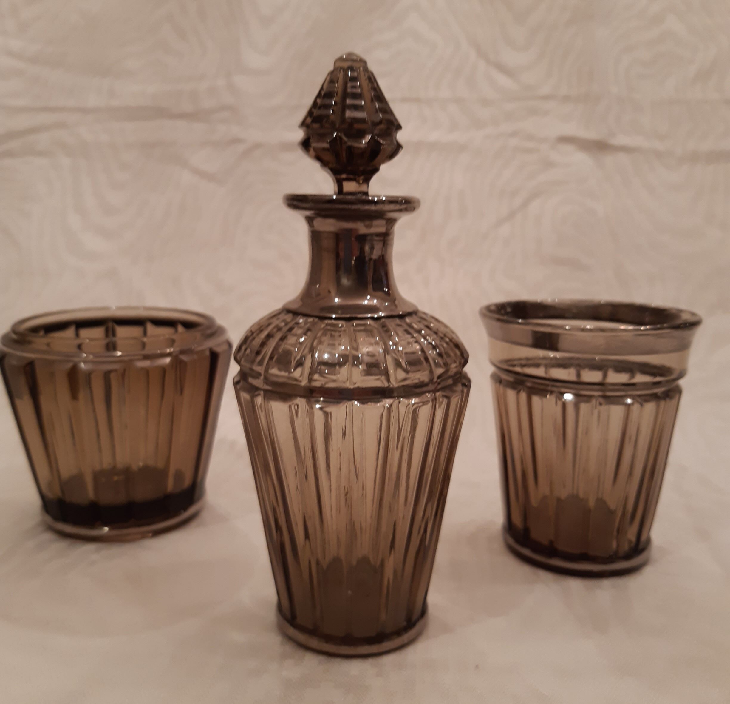 Carafe, glass and pot Portieux in smoked glass and silver art deco