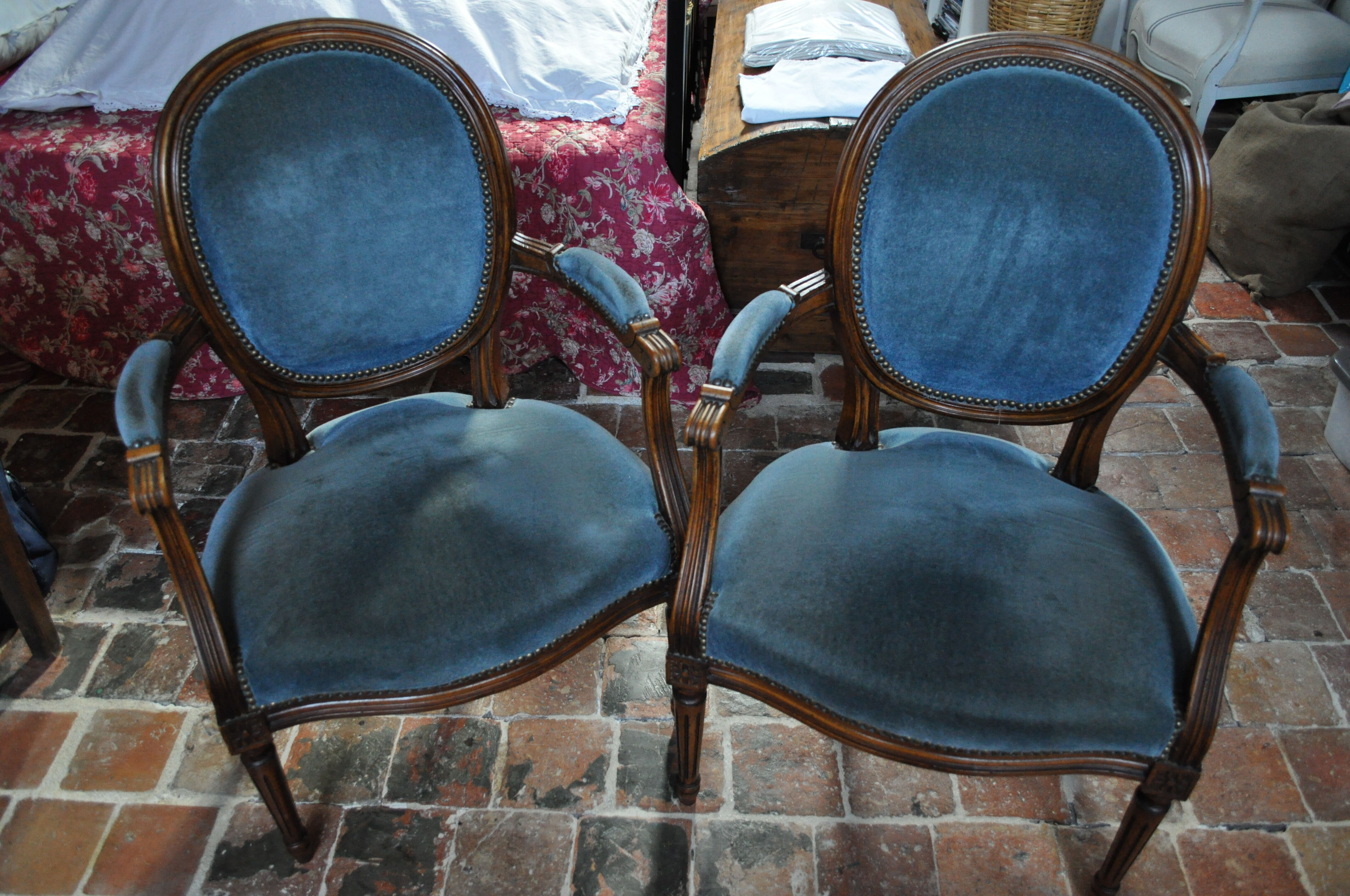 Pair of blue cabriolet armchairs Louis XVI style
