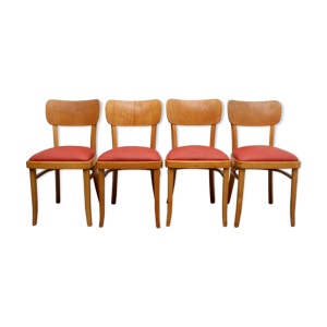 Ensemble de 4 chaises années 1950, hêtre et cuir