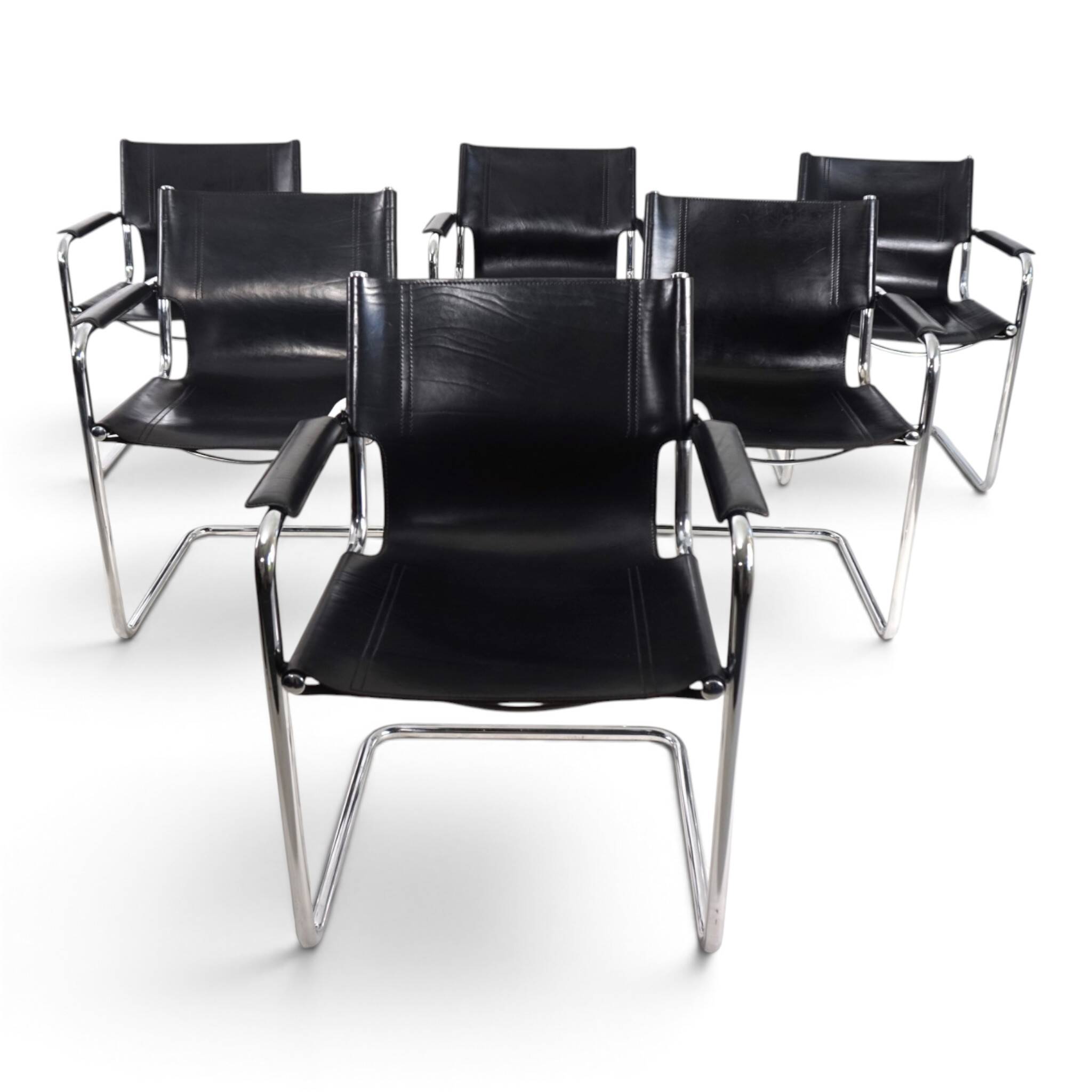 Matteo Grassi Set of 6 Visitor Chairs, Leather/Chrome Dining Chairs, 1970