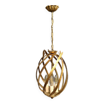 Grand lustre cage feuillagé italien - Artisanat d'art des années 60 - Métal doré