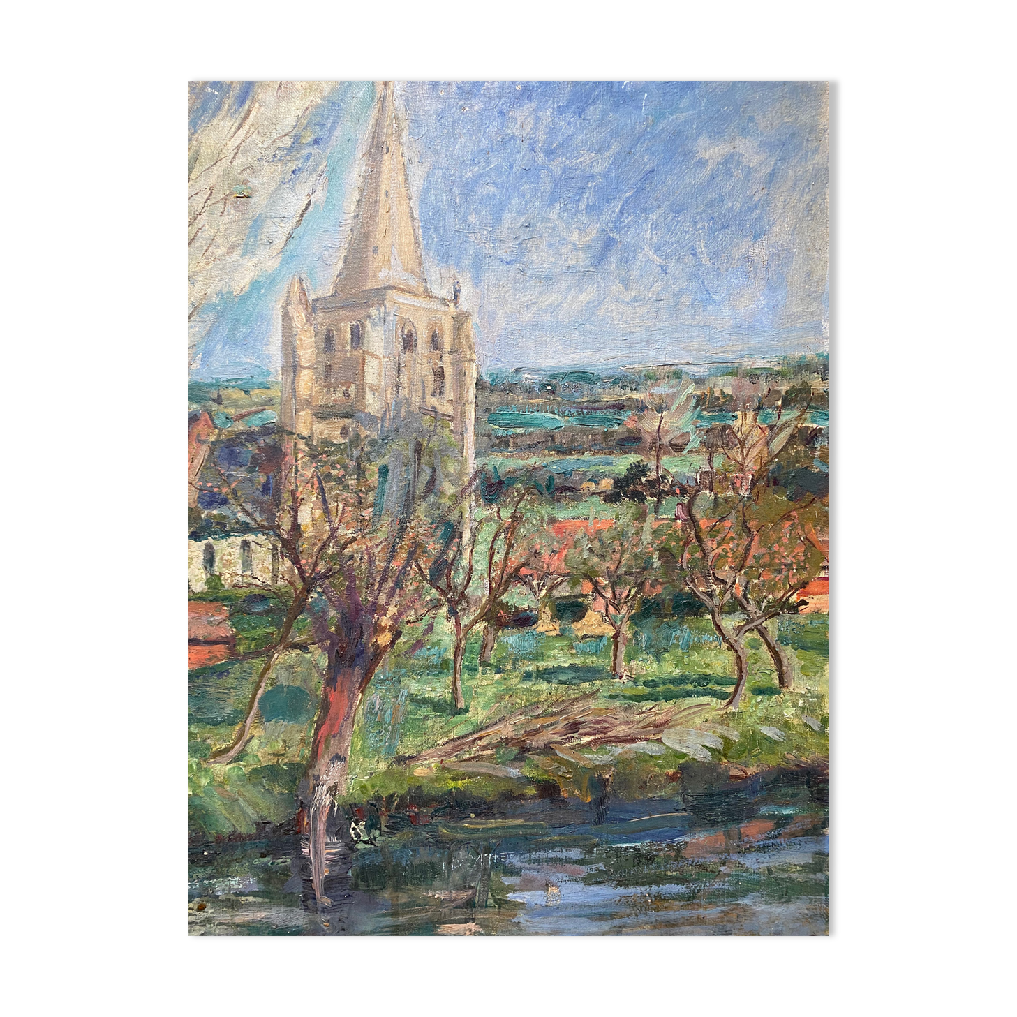 Painting "river and village" by Jacquelin Gaeremynck school of Leers