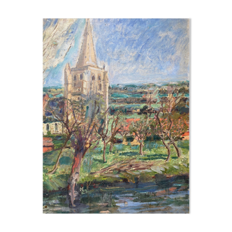 Painting "river and village" by Jacquelin Gaeremynck school of Leers