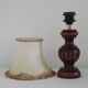 Mid-century French table lamp made of turned carved wood with a fringed shade.