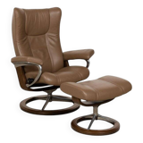 Brown Stressless Leather Wing Lounge Chair with Stool, Set of 2