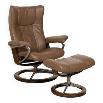 Brown Stressless Leather Wing Lounge Chair with Stool, Set of 2