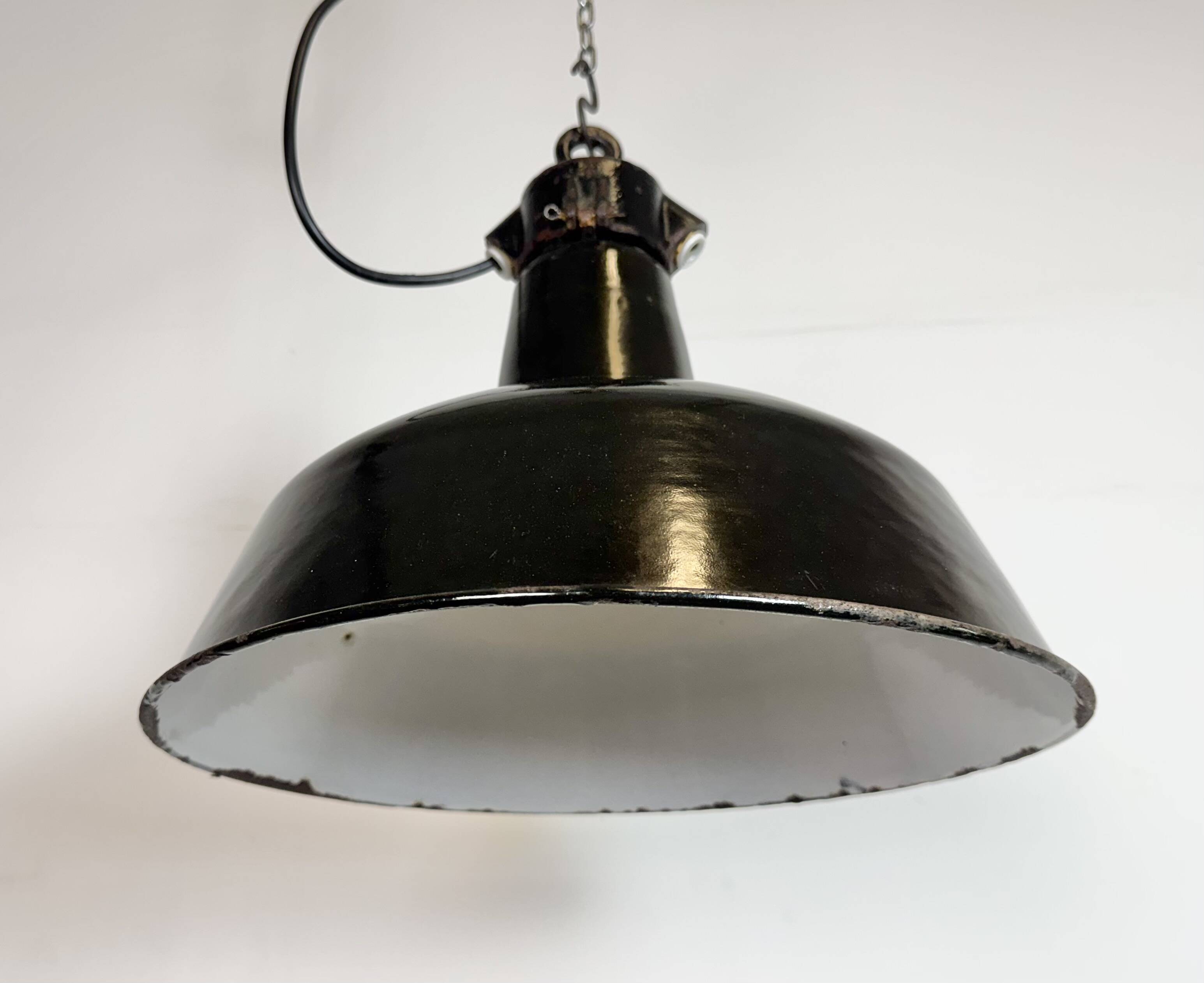 Industrial Black Enamel Factory Lamp with Cast Iron Top, 1950s