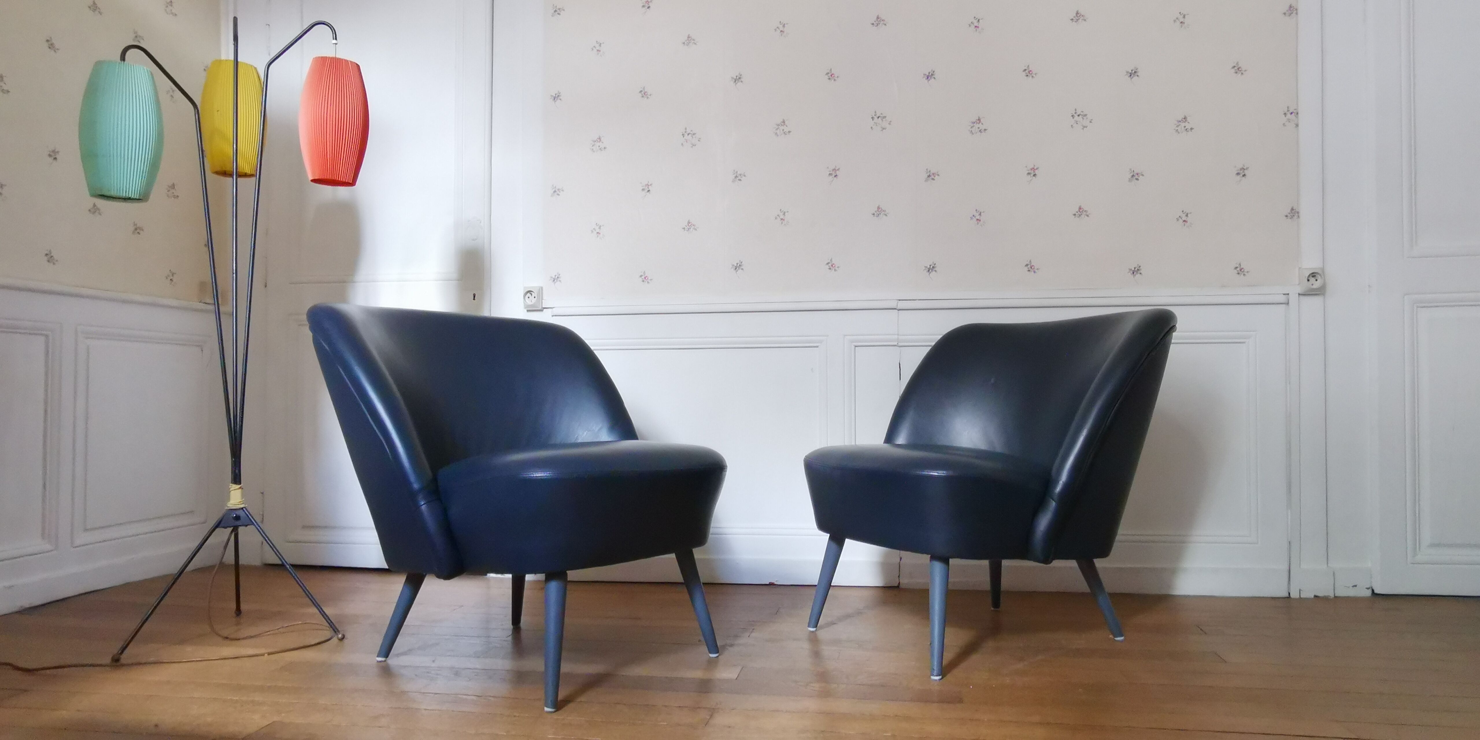 Cocktail armchair blued black leather 50/60