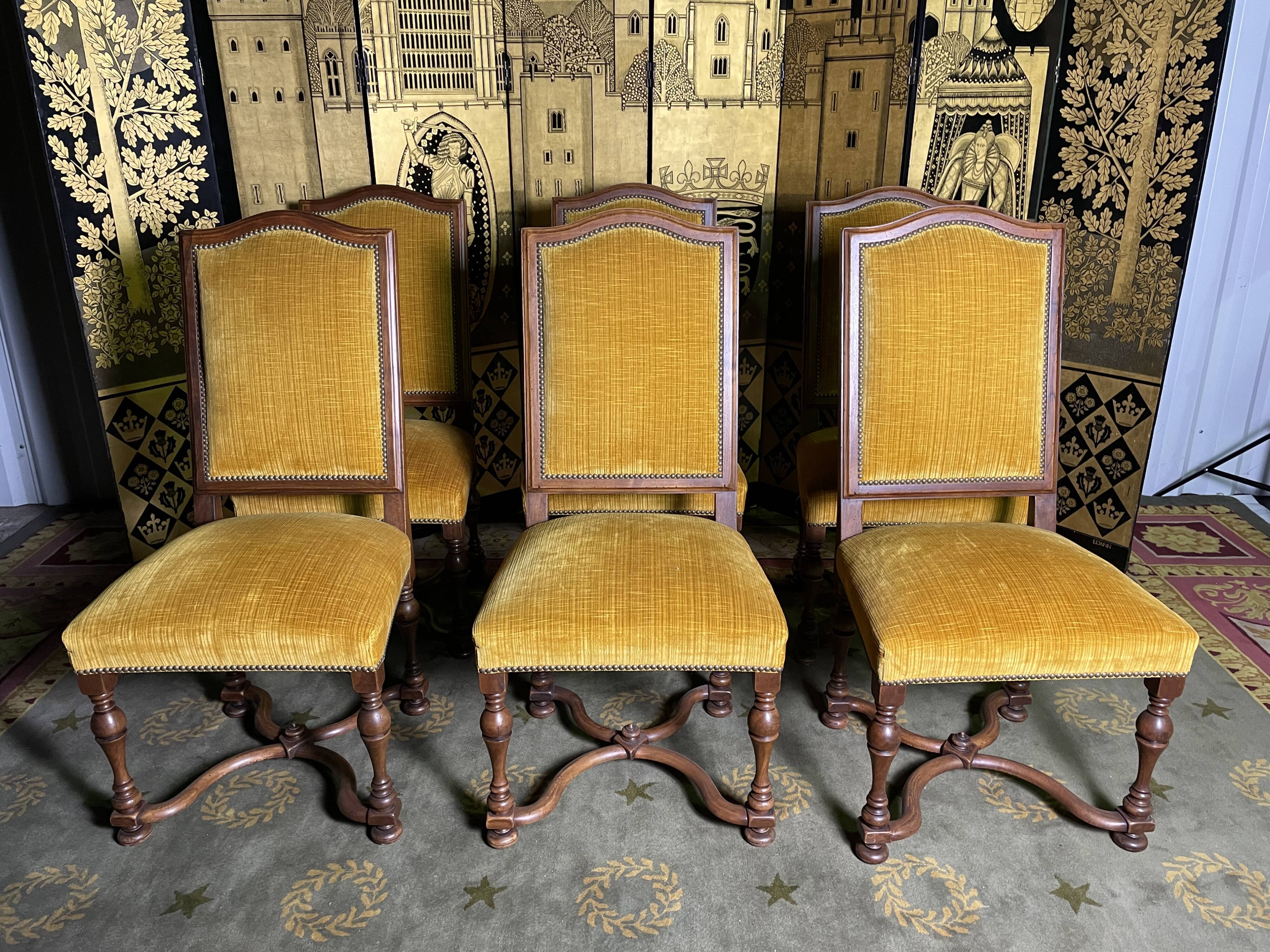 Suite of 6 chairs walnut and yellow velvet louis XIV style