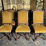 Suite of 6 chairs walnut and yellow velvet louis XIV style