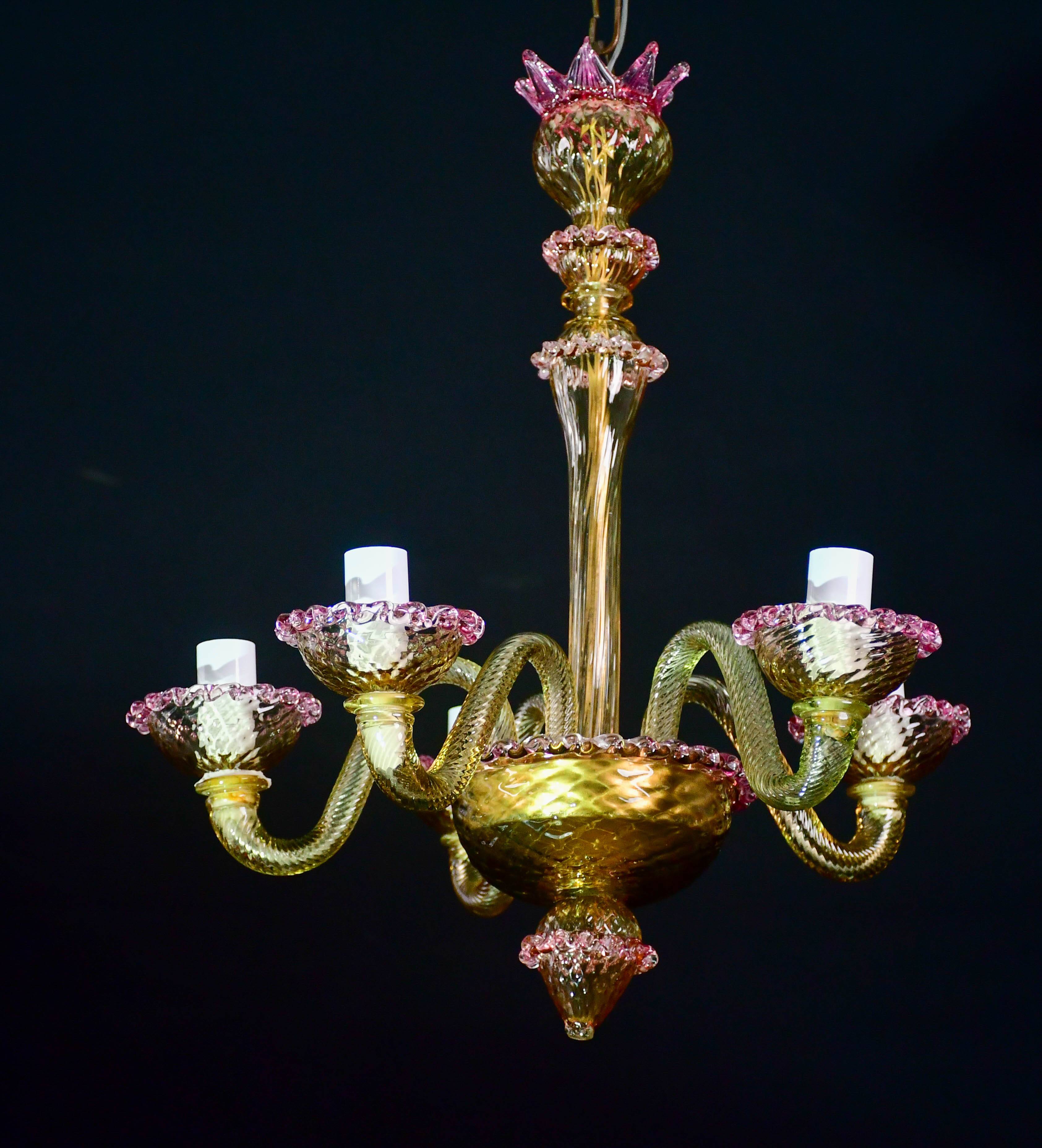 Pretty Venetian chandelier, pink and gold glass, 1950s