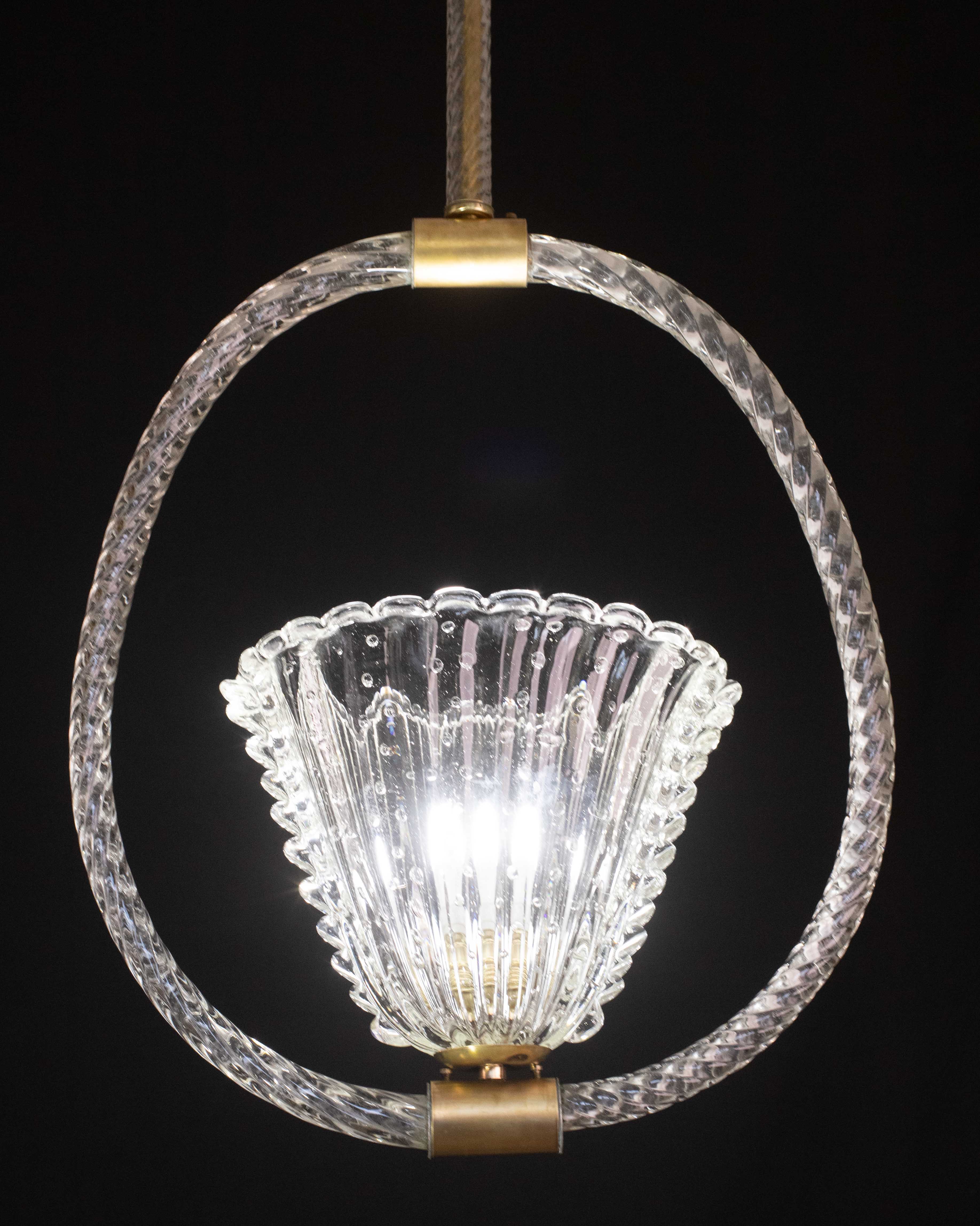 Ercole Barovier Art Deco Chandelier, "Bullicante" Glass Murano, 1940