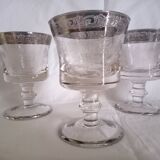 Set of 5 engraved Murano wine (or water) glasses, silver rim
