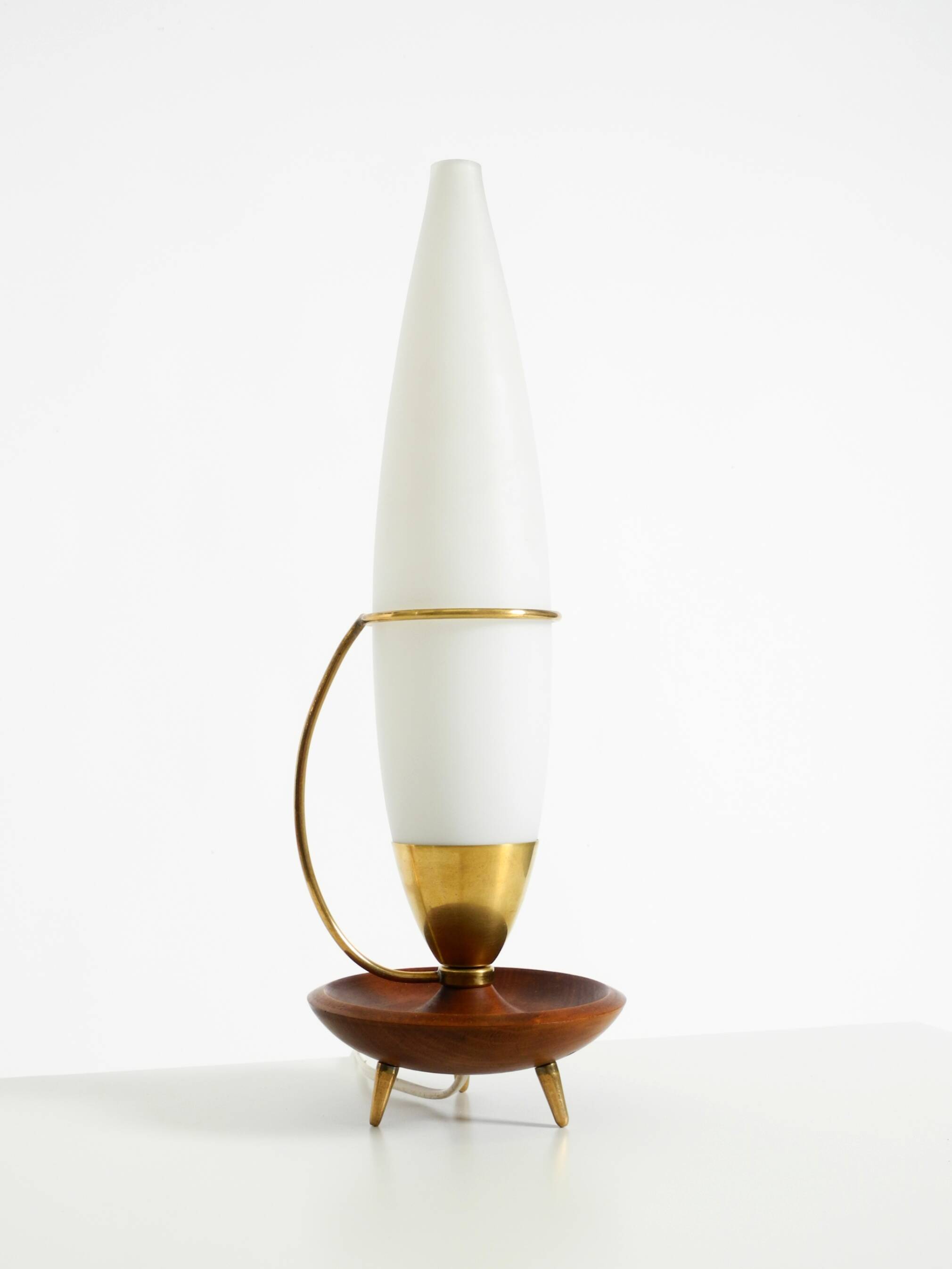 Large 1950s table lamp made of brass and teak, with a frosted glass shade