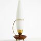 Large 1950s table lamp made of brass and teak, with a frosted glass shade