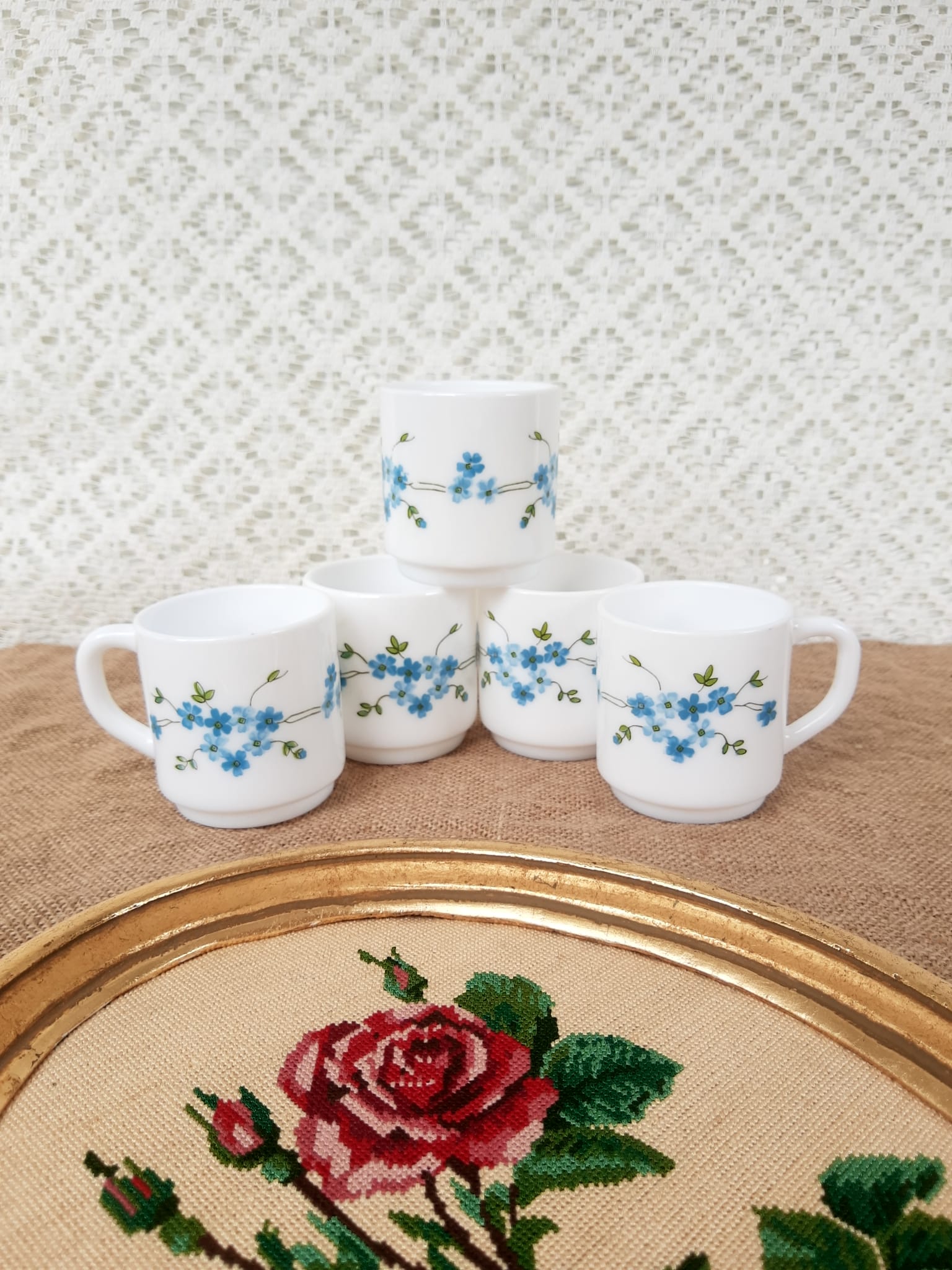 Set of 5 cups espresso Arcopal Myosotis Veronica vintage
