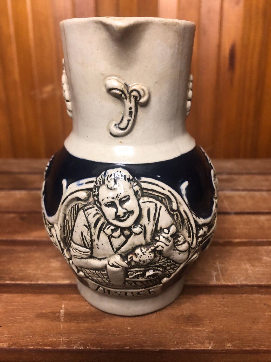 Old alsace ceramic pitcher gray blue vintage vines decor