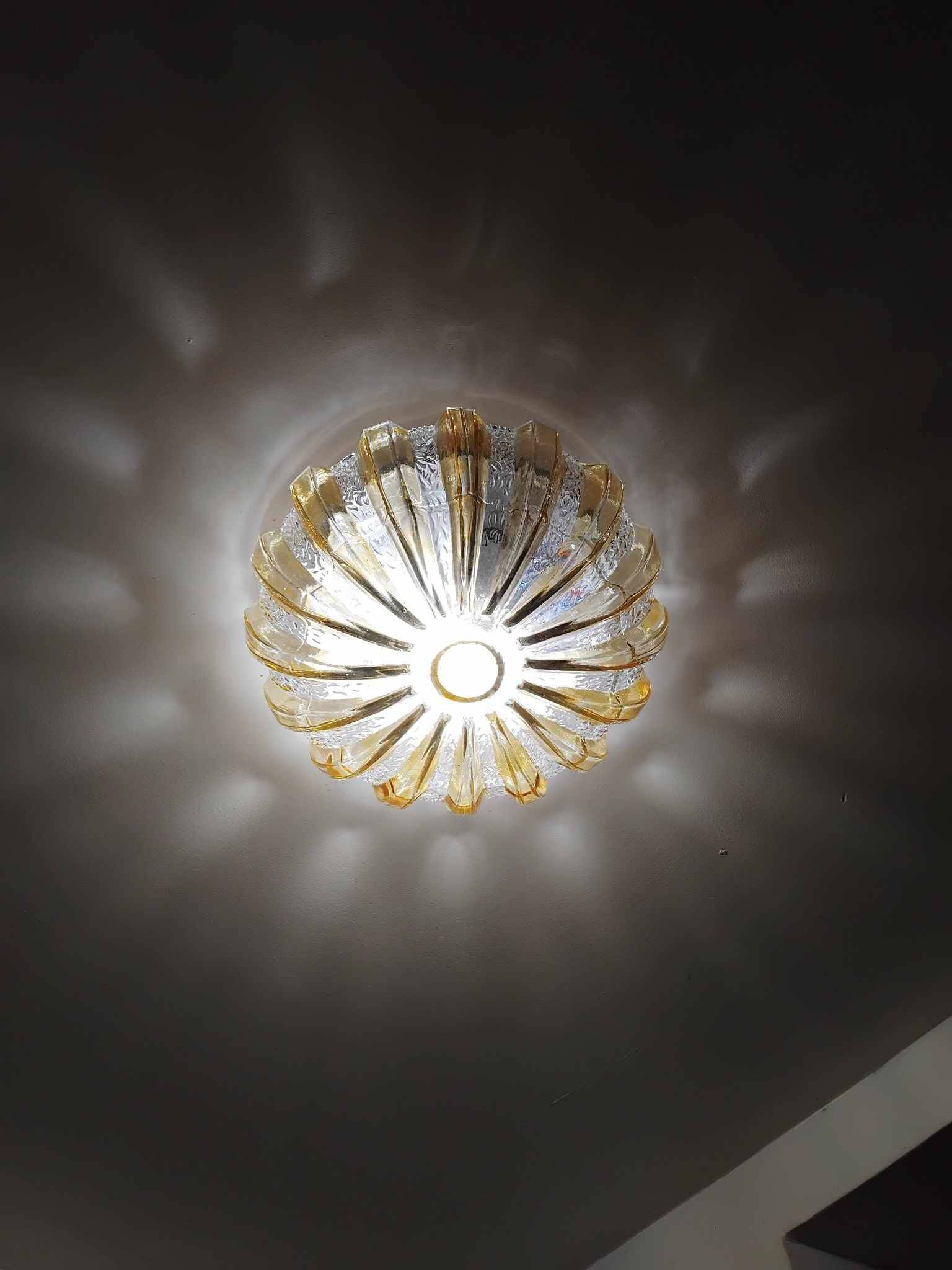 70s round ceiling light in pressed molded glass
