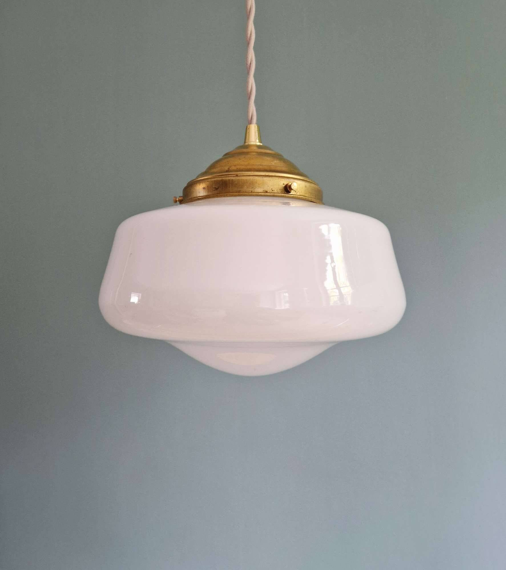 Pair of Art Deco conical white opaline pendant lights, 1920-30