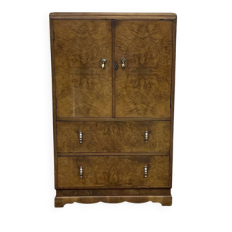 1950s English sideboard with drawers, Art Deco style, in walnut burl.
