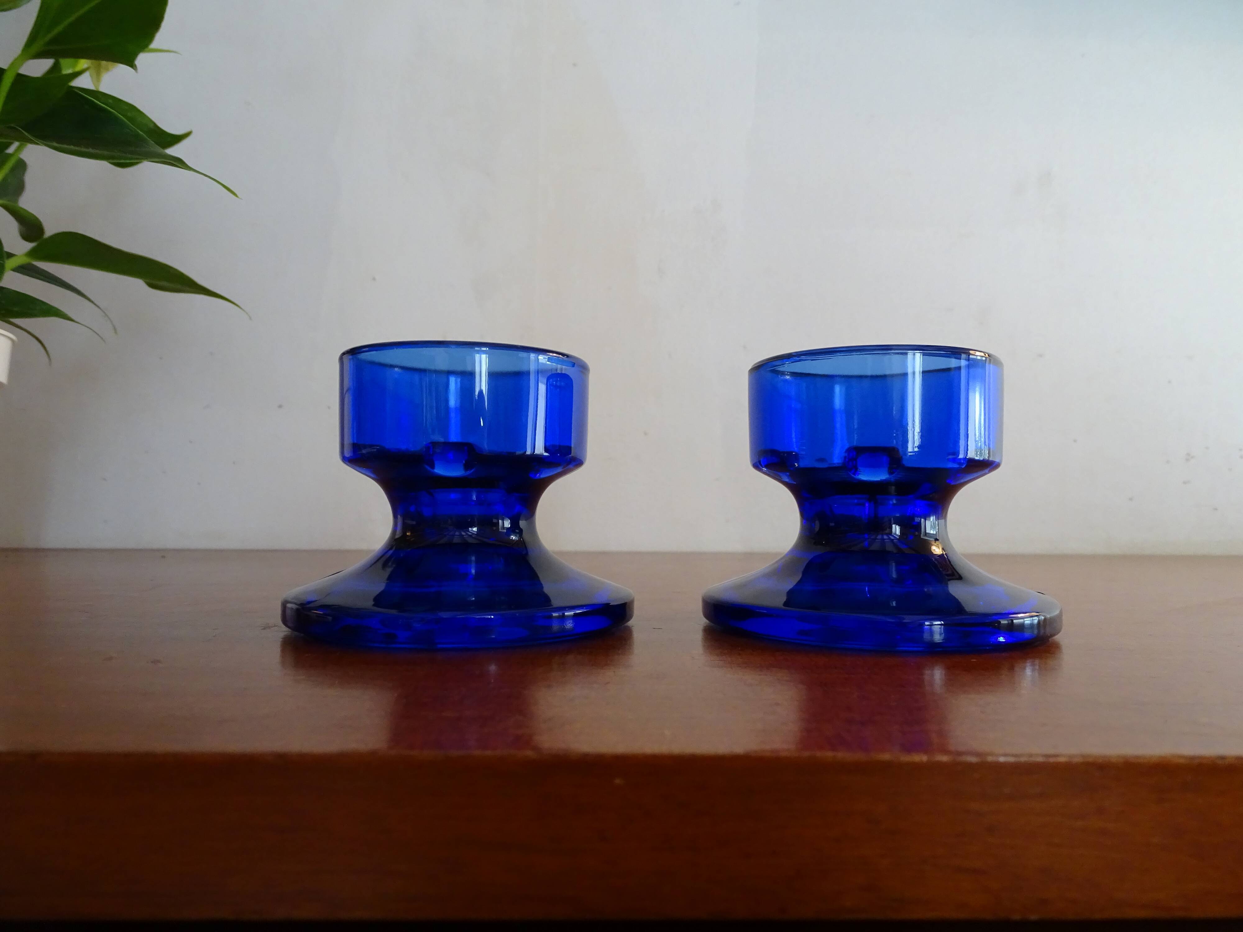 Pair of cobalt blue molded glass candle holders