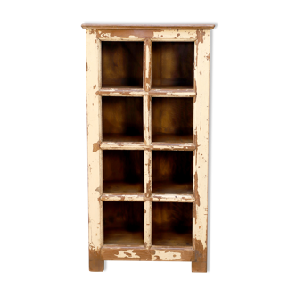 Burmese teak shelf with 8 compartments and original ecru patina