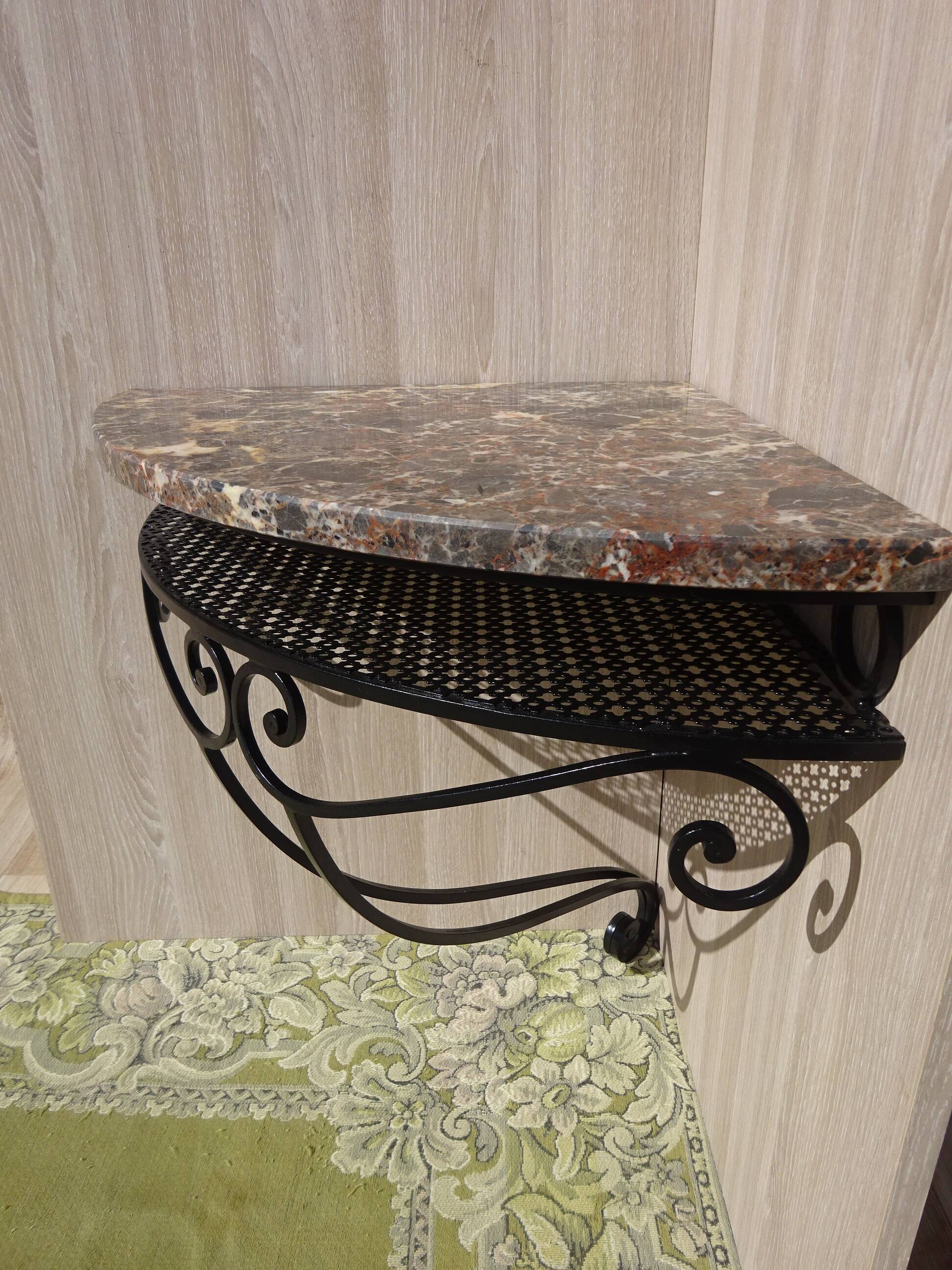 Wrought iron and marble corner shelf