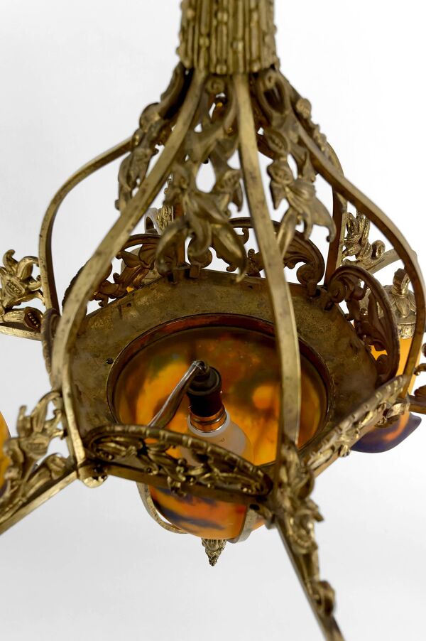 Lustre en bronze doré et pâte de verre soufflée, Muller Frères, Art Deco