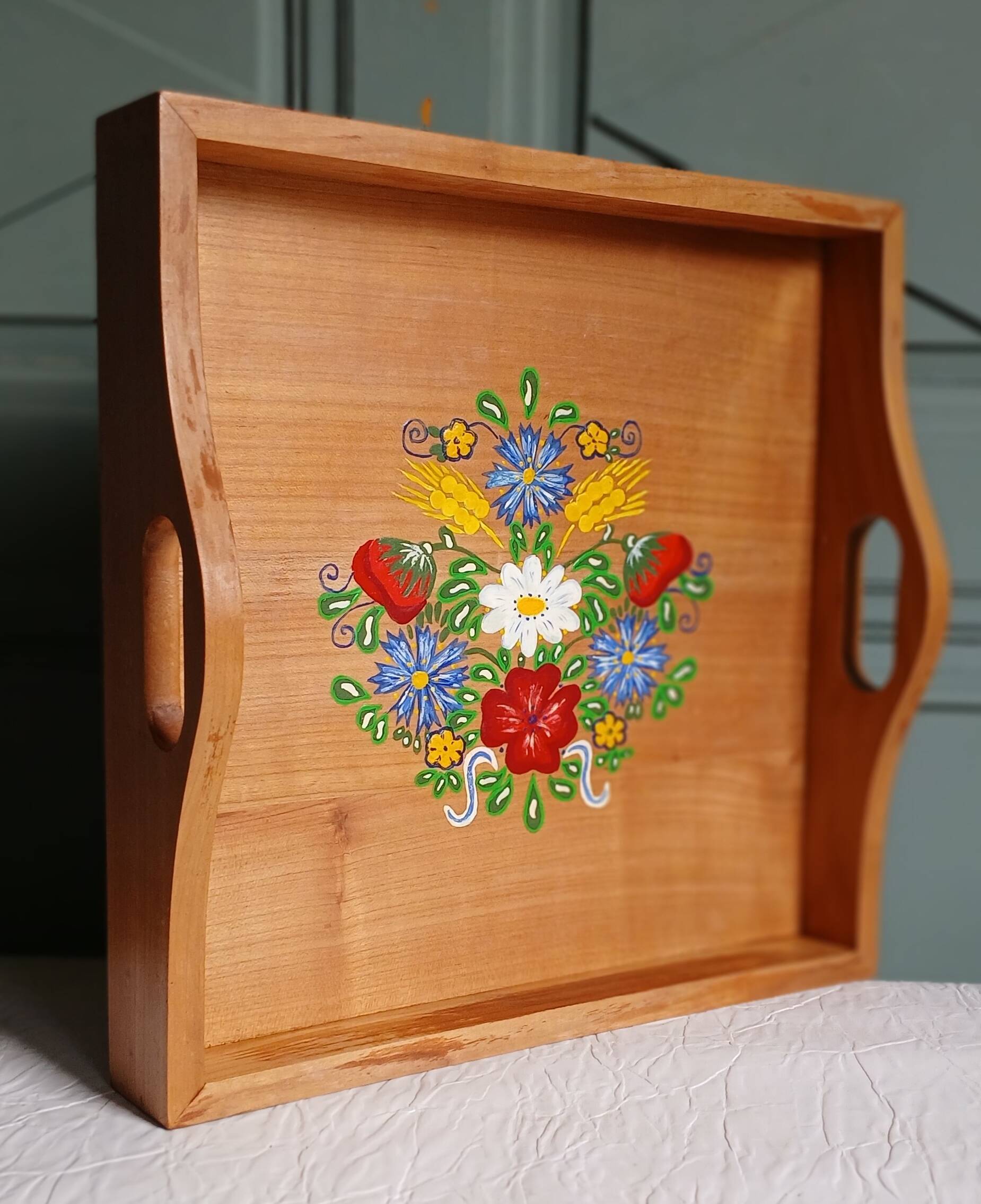 Hand-painted solid wood serving tray, folk art