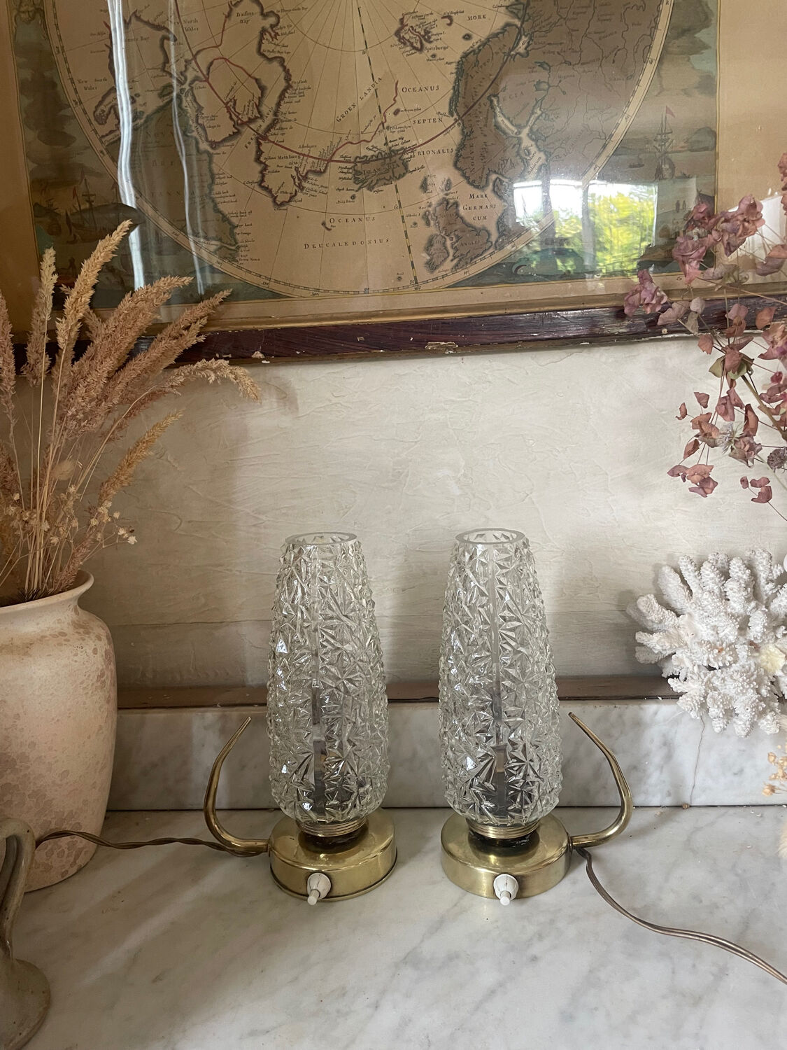 Pair of 1950s brass and glass bedside lamps