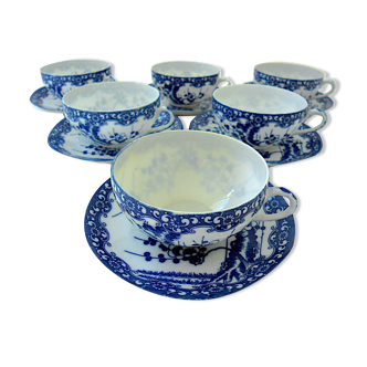 Suite of six tea cups and their white-blue porcelain undercups from Japan