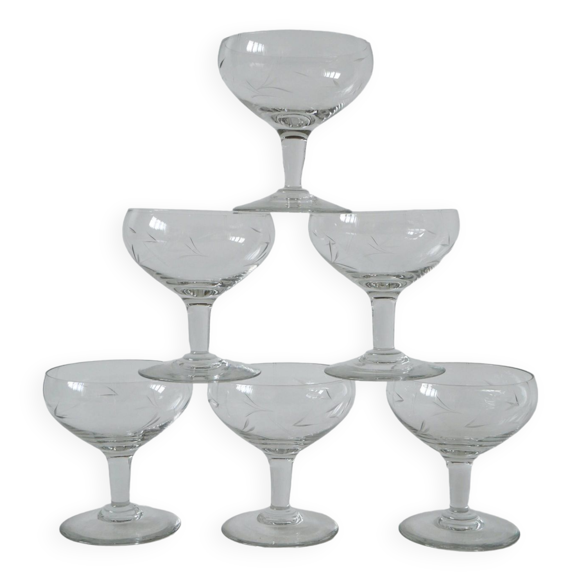 Set of 6 engraved crystal champagne glasses 1950