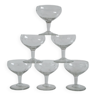 Set of 6 engraved crystal champagne glasses 1950