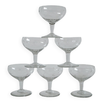 Set of 6 engraved crystal champagne glasses 1950