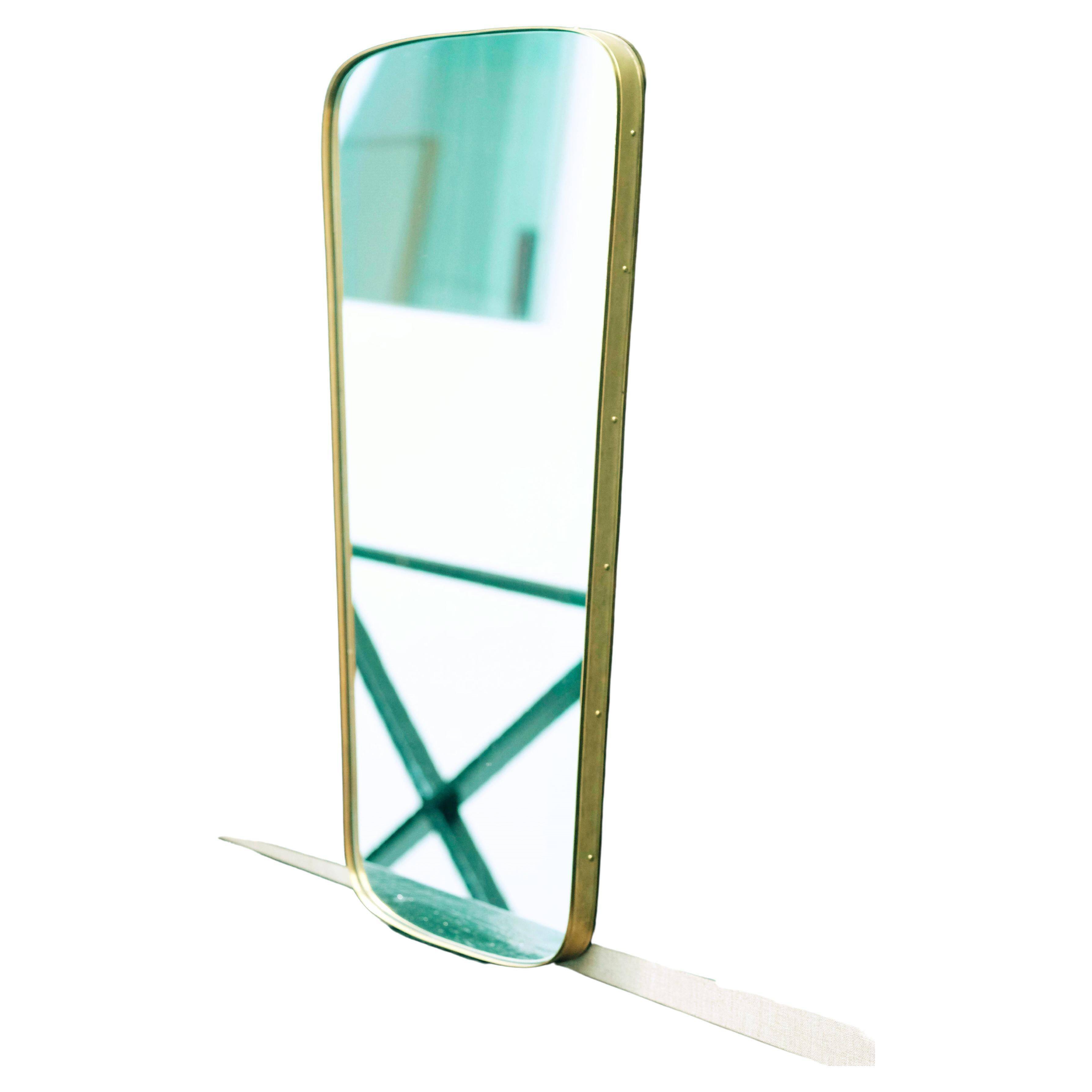 Rectangular Mirror Mid-Century Style Rounded Edges and Medium Embossed Brass Frame