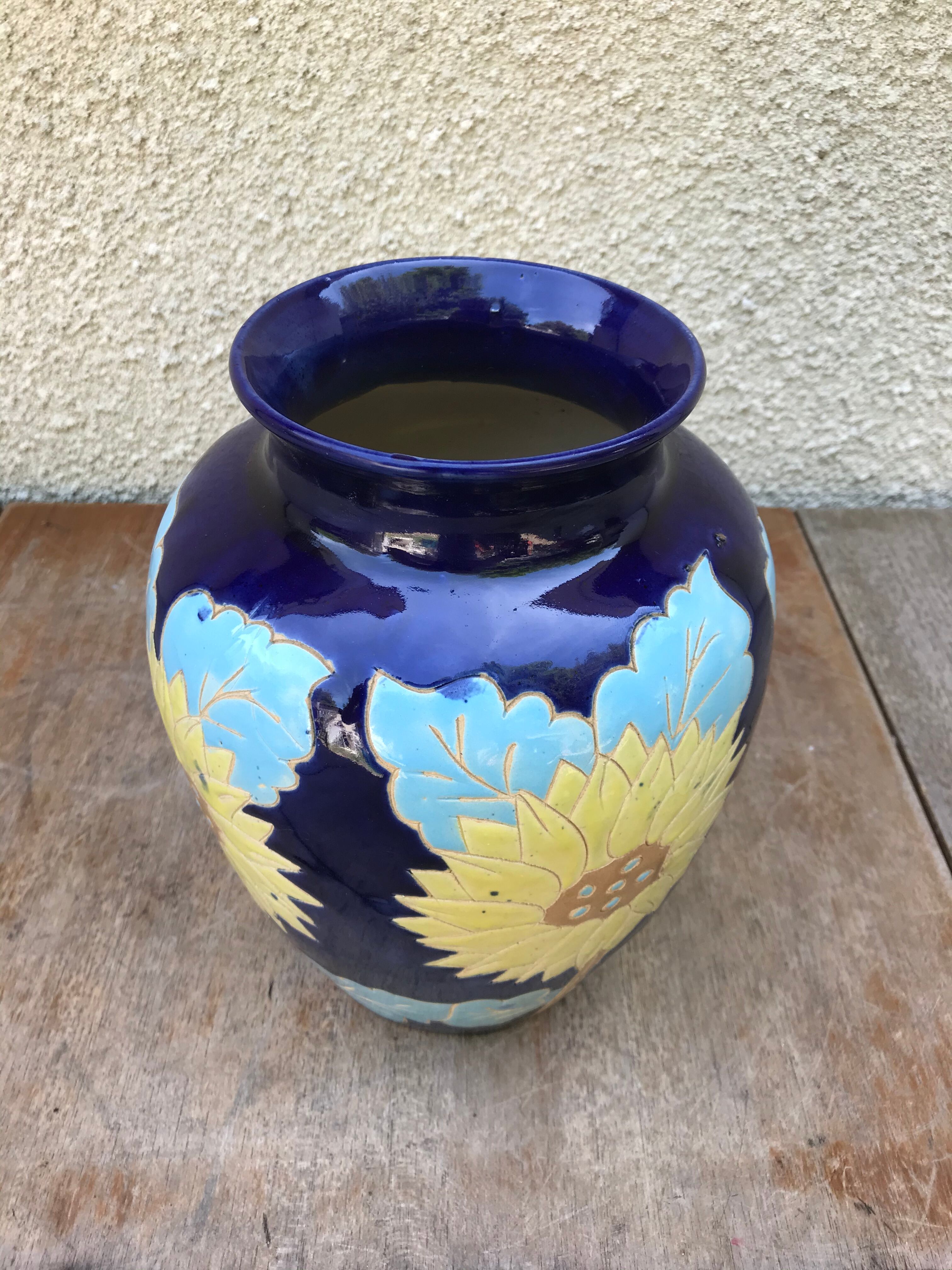 Ancient Blue Enamelled Ceramic Vase Decor Yellow Flowers 60s Vintage
